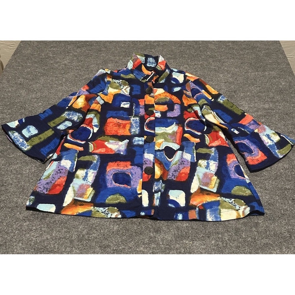 Ali Miles Women's L Button Blouse Multicolor Artsy Festival Bell Cuff Boho EUC